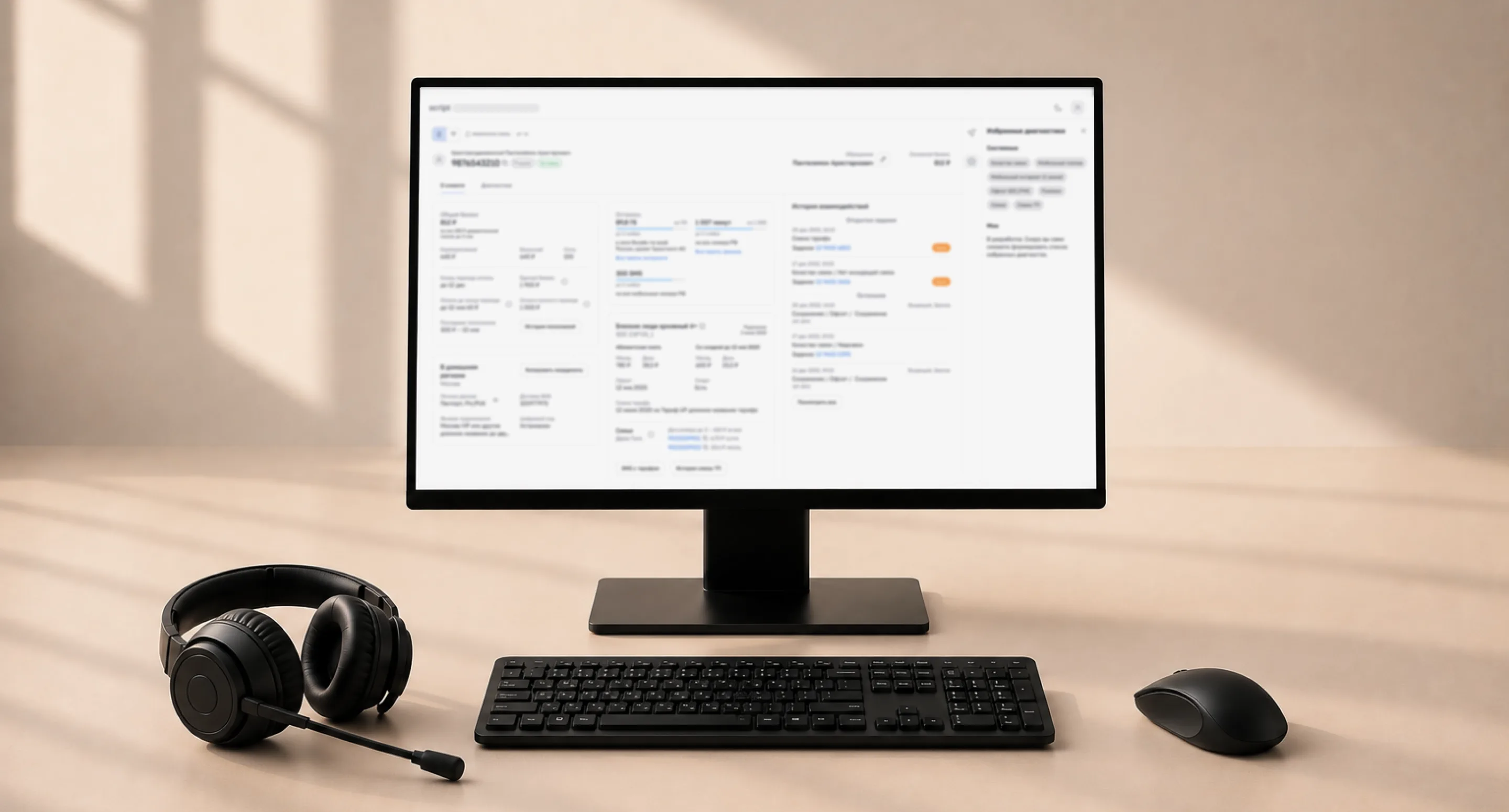 Монитор с экраном CRM, рядом гарнитура оператора колл-центра